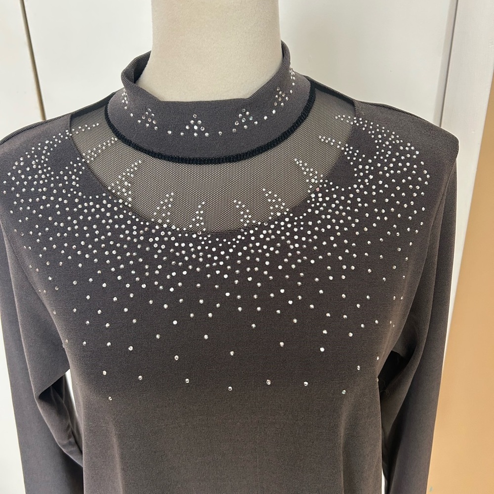 Gray Long Sleeve Mock Neck Embellished Blouse